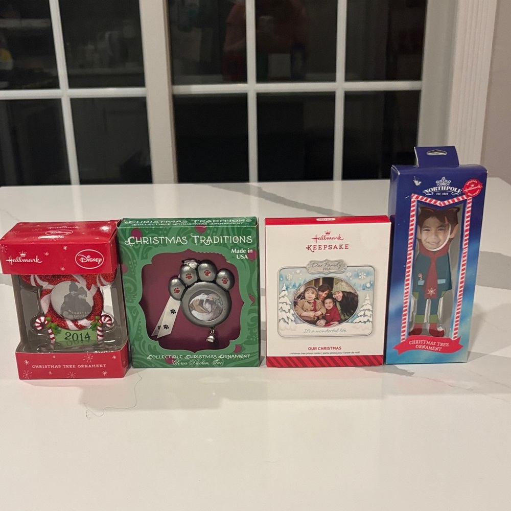 Hallmark 4 Pc. Ornament Set..Paw Print, Our Family 2014, NorthPole & Mickey 2014